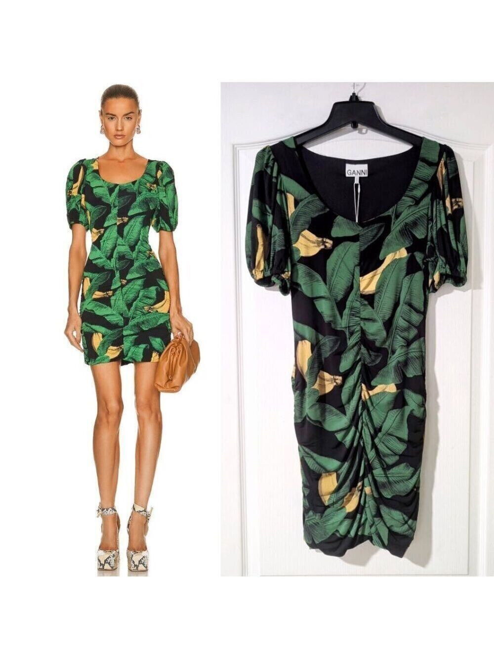 Ganni | Banana Print Ruched Jersey Mini Dress